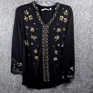Soft Surroundings Black‎ Beaded Floral Top Gold Sequin Womens Petite Xsmall